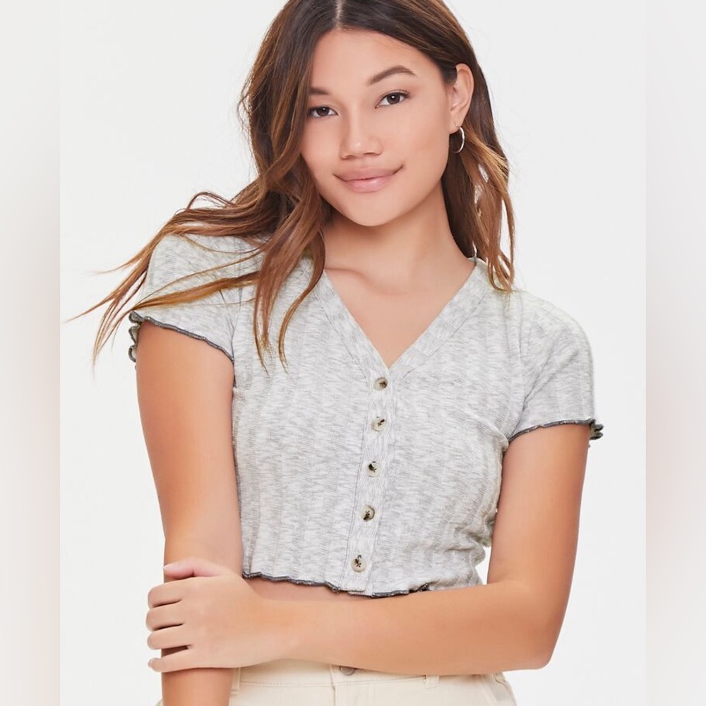 🍩EUC🍩 FOREVER 21 Gray Knit Crop Top Button Up Sweater V-Neck